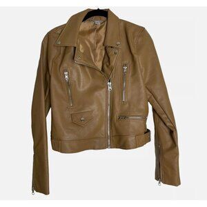 KellParker Faux Leather Brown Biker Jacket Zipper Metal Accents Mediu